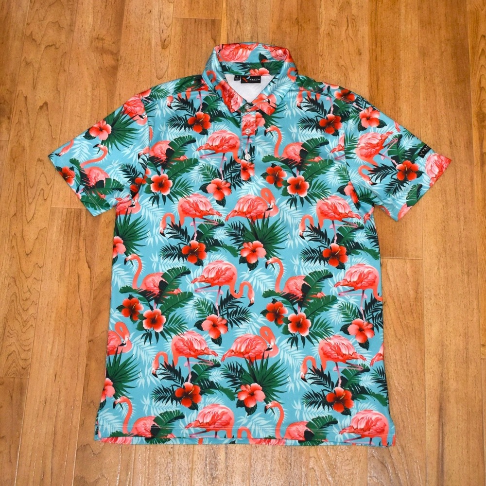 Yatta Golf Polo Shirt Mens Small Turquoise Flamingo Floral Excellent Performance